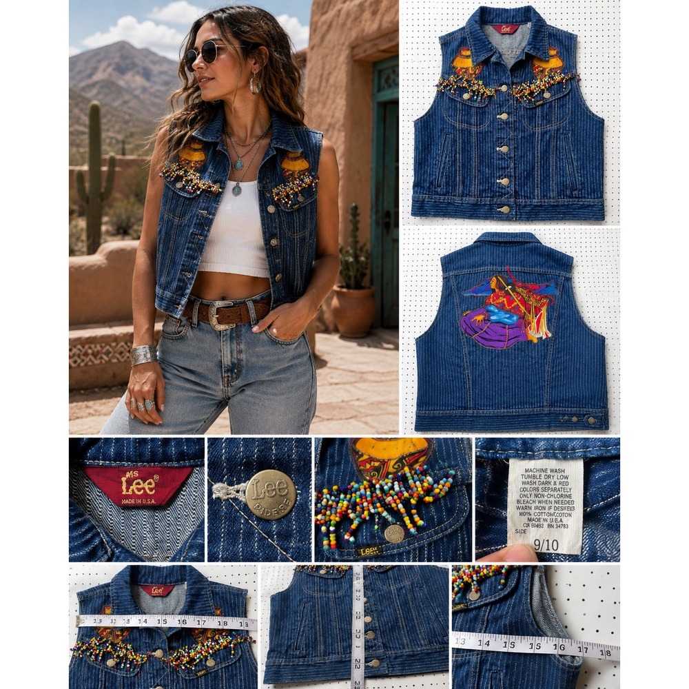 Vintage 90s Lee Denim Vest Womens XS S Beaded Southwest Art to Wear USA Made